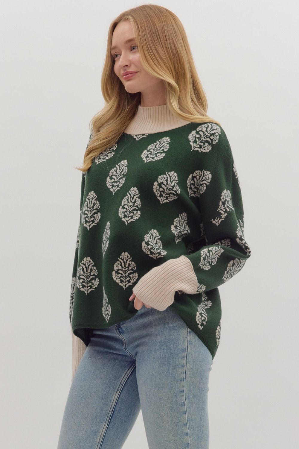 Hunter Green Botanical Print Sweater