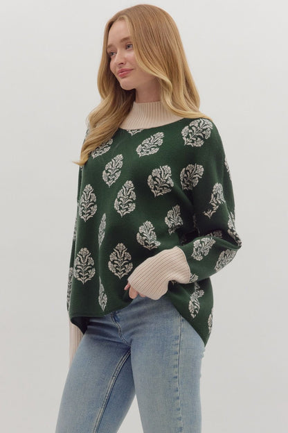 Hunter Green Botanical Print Sweater