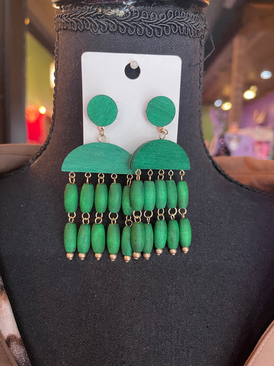 Green Wooden Beaded Tassel Earrings