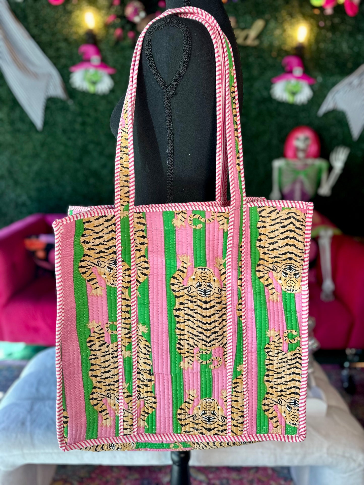 Pink & Green Striped Tiger Print Tote Bag