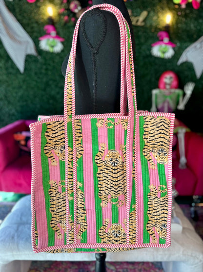 Pink & Green Striped Tiger Print Tote Bag