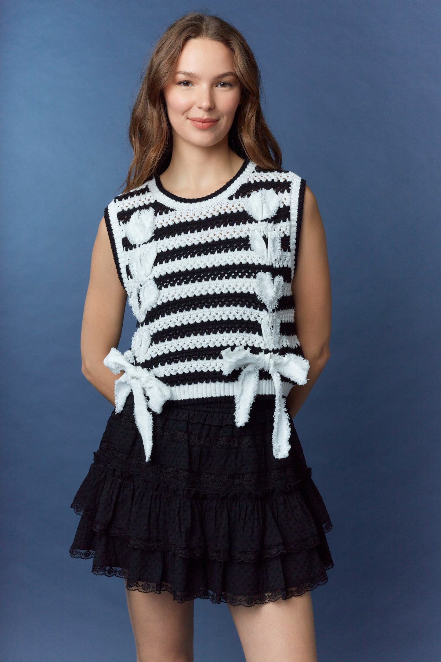Black & White Striped Lace Bow Sweater Vest