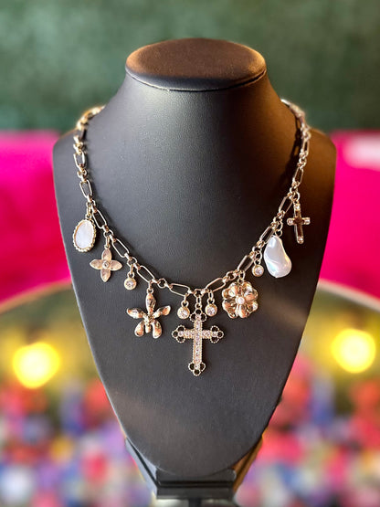 Rhinestone Cross Multi-Charm Necklace
