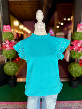 Load image into Gallery viewer, Turquoise Textured &amp; Pearl Embellished Top
