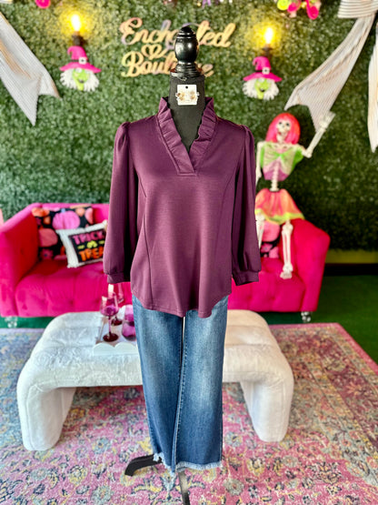 Plum Luxeknit Puff Sleeve Ruffle Neck Blouse