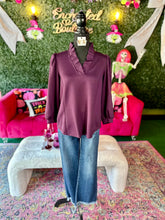 Load image into Gallery viewer, Plum Luxeknit Puff Sleeve Ruffle Neck Blouse
