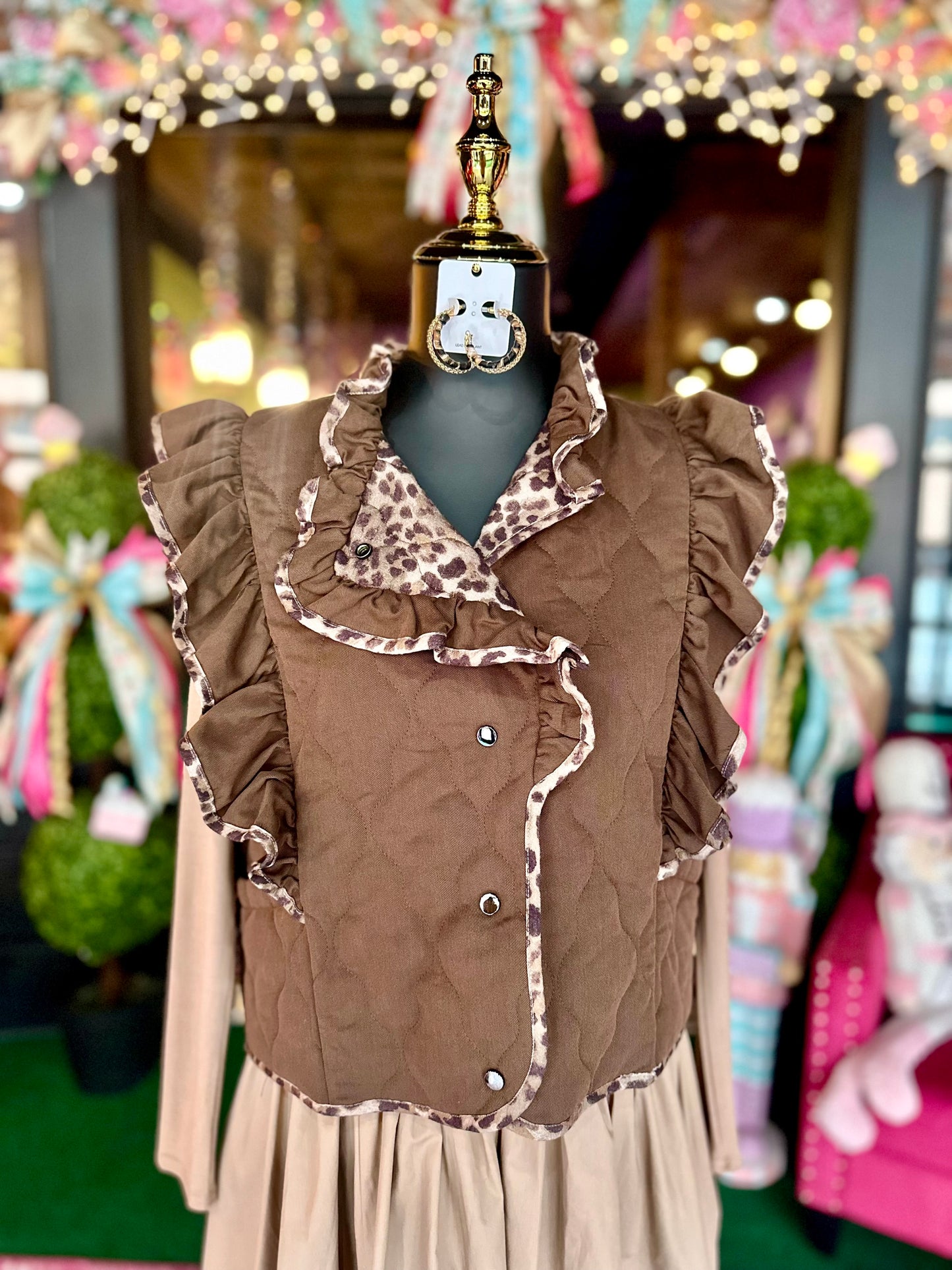 Espresso Sleeveless Ruffle Detail Quilted Vest