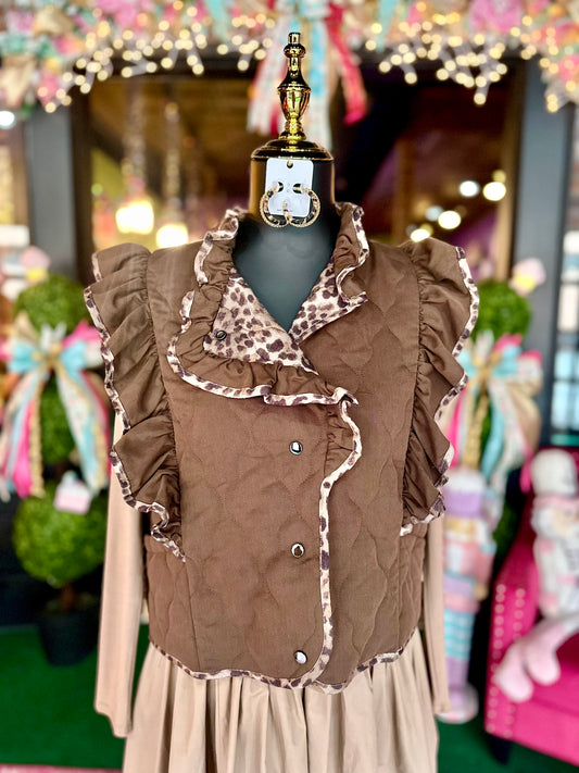 Espresso Sleeveless Ruffle Detail Quilted Vest