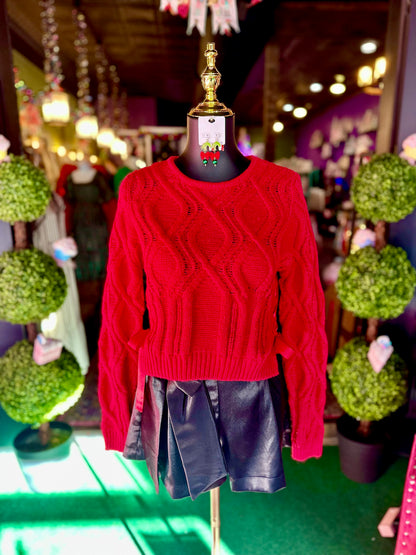 Red Satin Bow Tie Cable Knit Cropped Sweater