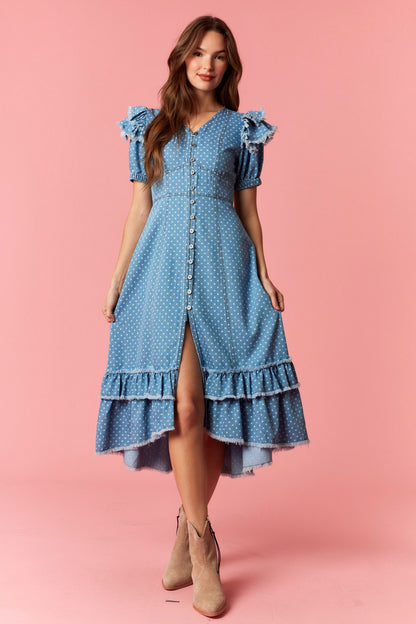 Denim Polka Dot Midi Dress