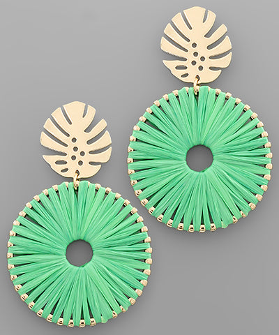 Green Raffia Wrapped Circle Earrings