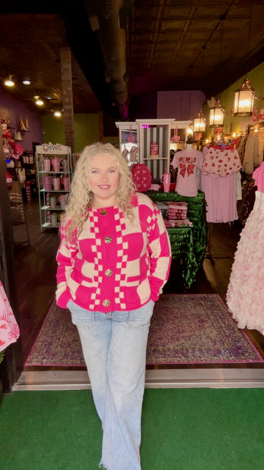 Hot Pink & Cream Checkered Sweater Cardigan