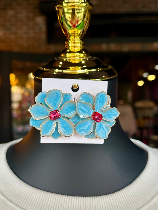 Light Blue Metal Flower Earrings