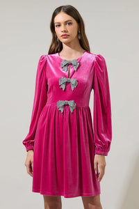 Hot Pink Velvet Long Sleeve Dress