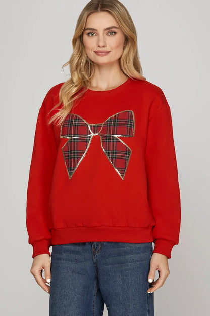 Christmas Plaid Bow Knit Top