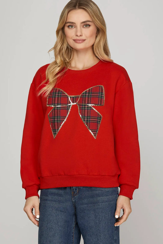 Christmas Plaid Bow Knit Top