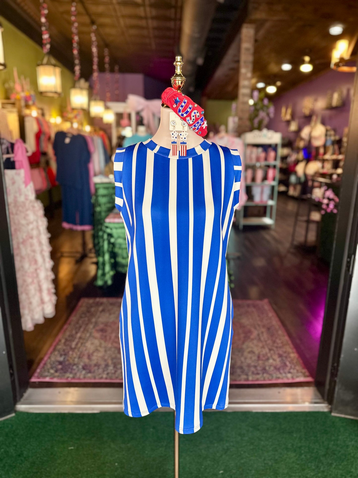 Royal Blue & White Striped Scuba Mini Dress