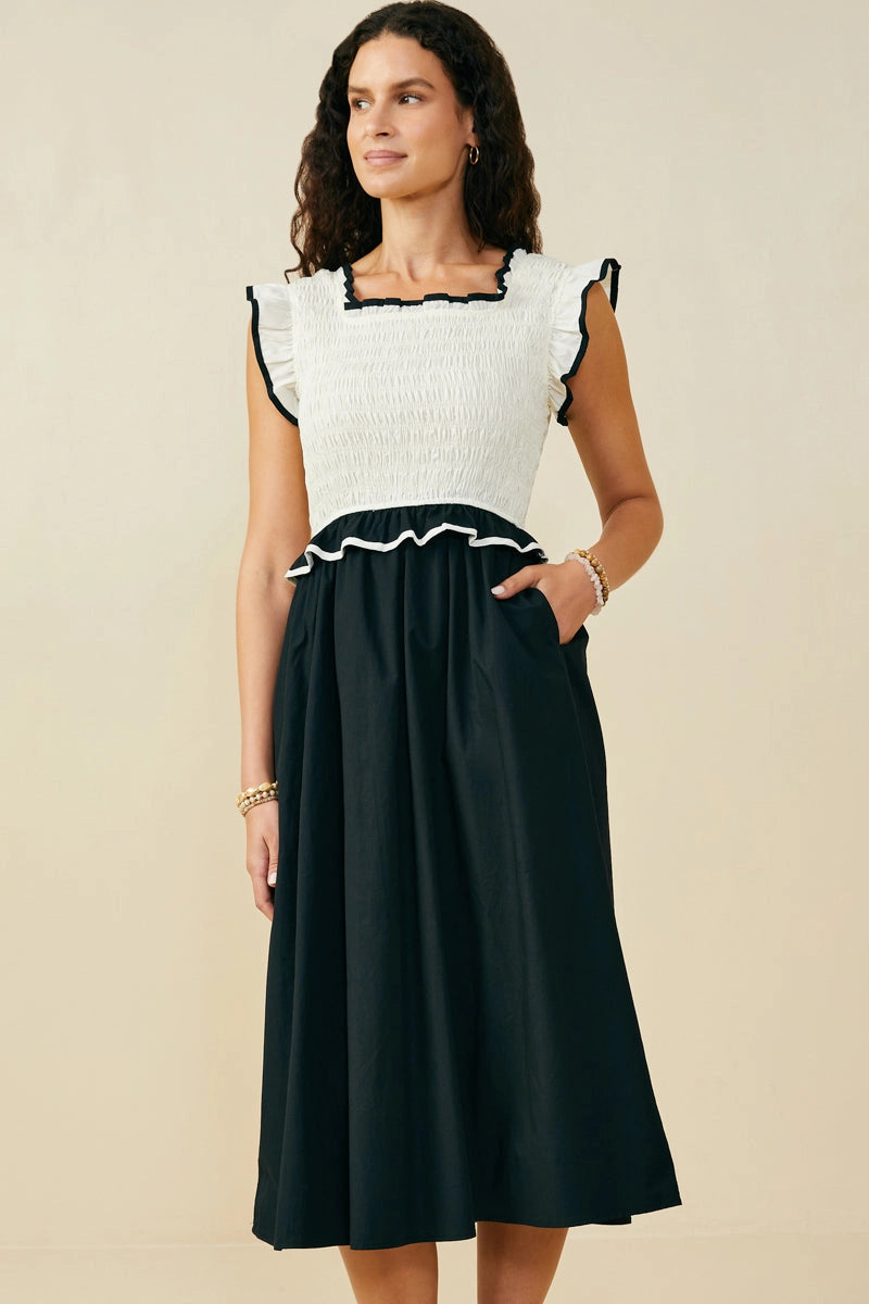 Black & Cream Ruffled Midi Dress