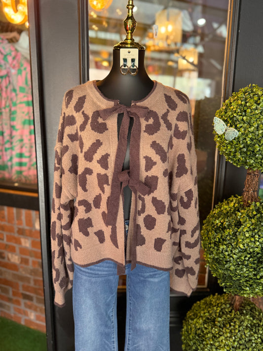 Long Sleeve Leopard Bow Tie Cardigan