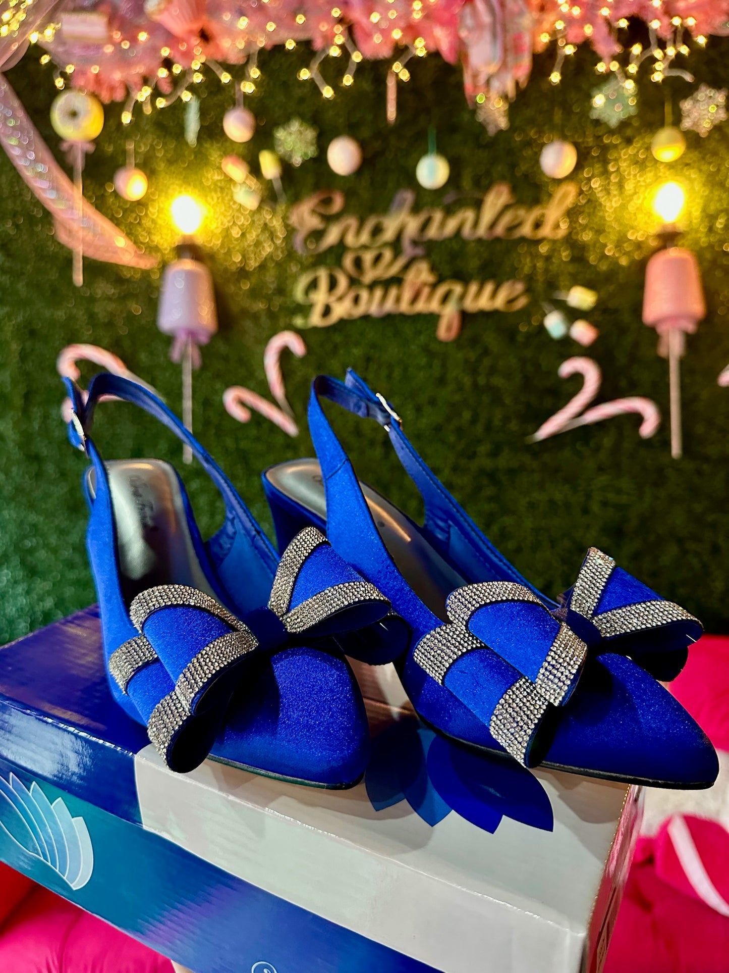 “ Olympia ” Royal Blue Rhinestone Bow Heels