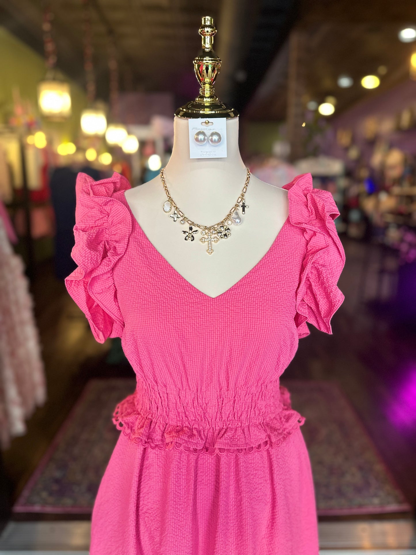 Hot Pink Ruffle Shoulder Maxi Dress