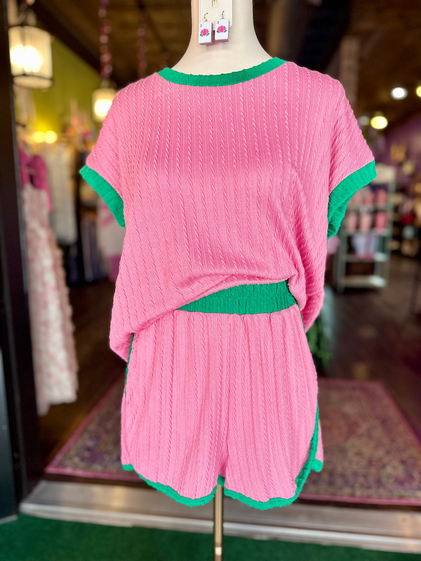 Pink & Kelly Green Top & Shorts Set