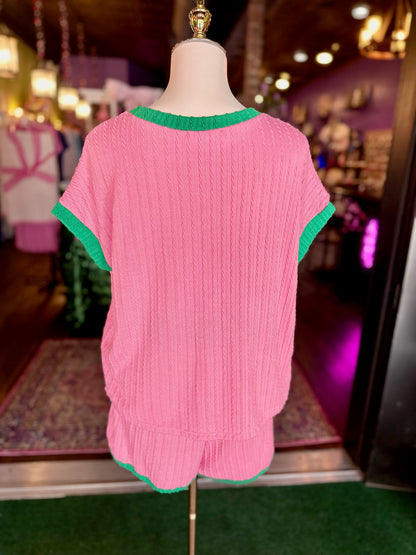 Pink & Kelly Green Top & Shorts Set