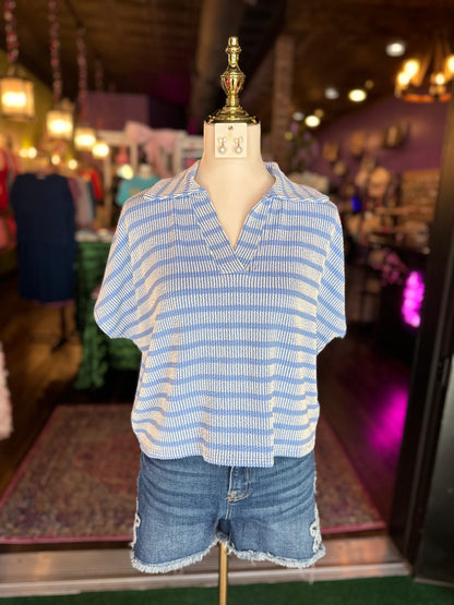 Cornflower Blue Ribbed Collared Top