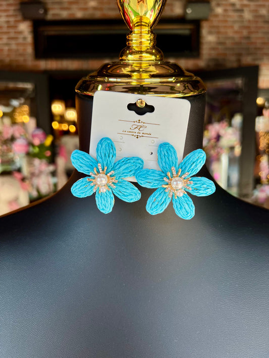 Light Blue Raffia Flower Earrings