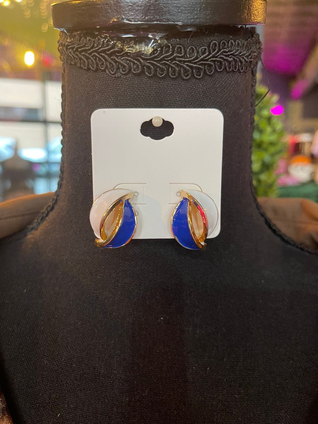 Royal Blue & White Double Crescent Earrings