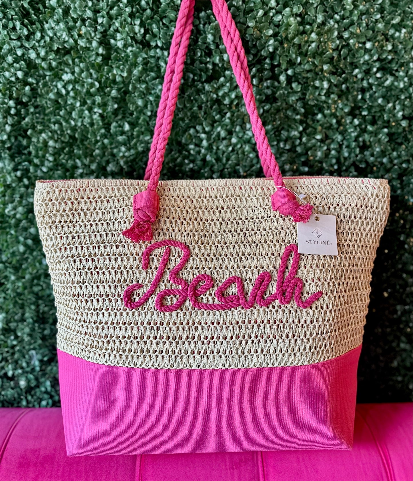 Hot Pink BEACH Straw Tote Bag