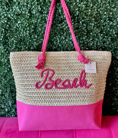 Hot Pink BEACH Straw Tote Bag
