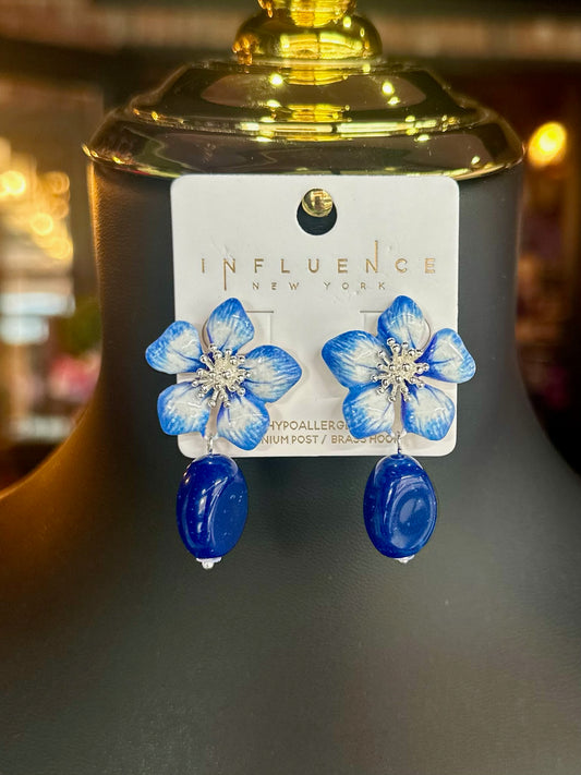 Blue Flower & Stone Drop Earrings
