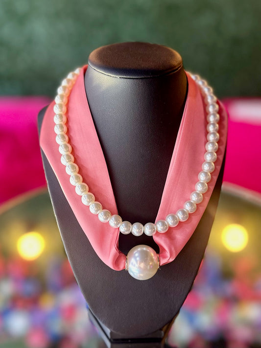 Pearl & Coral Silk Scarf Necklace Set