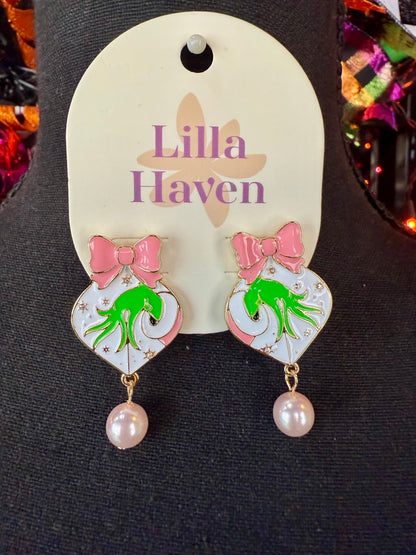 Pink Christmas Grinch Pearl Drop Earrings