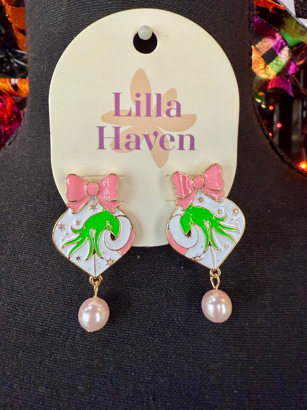 Pink Christmas Grinch Pearl Drop Earrings