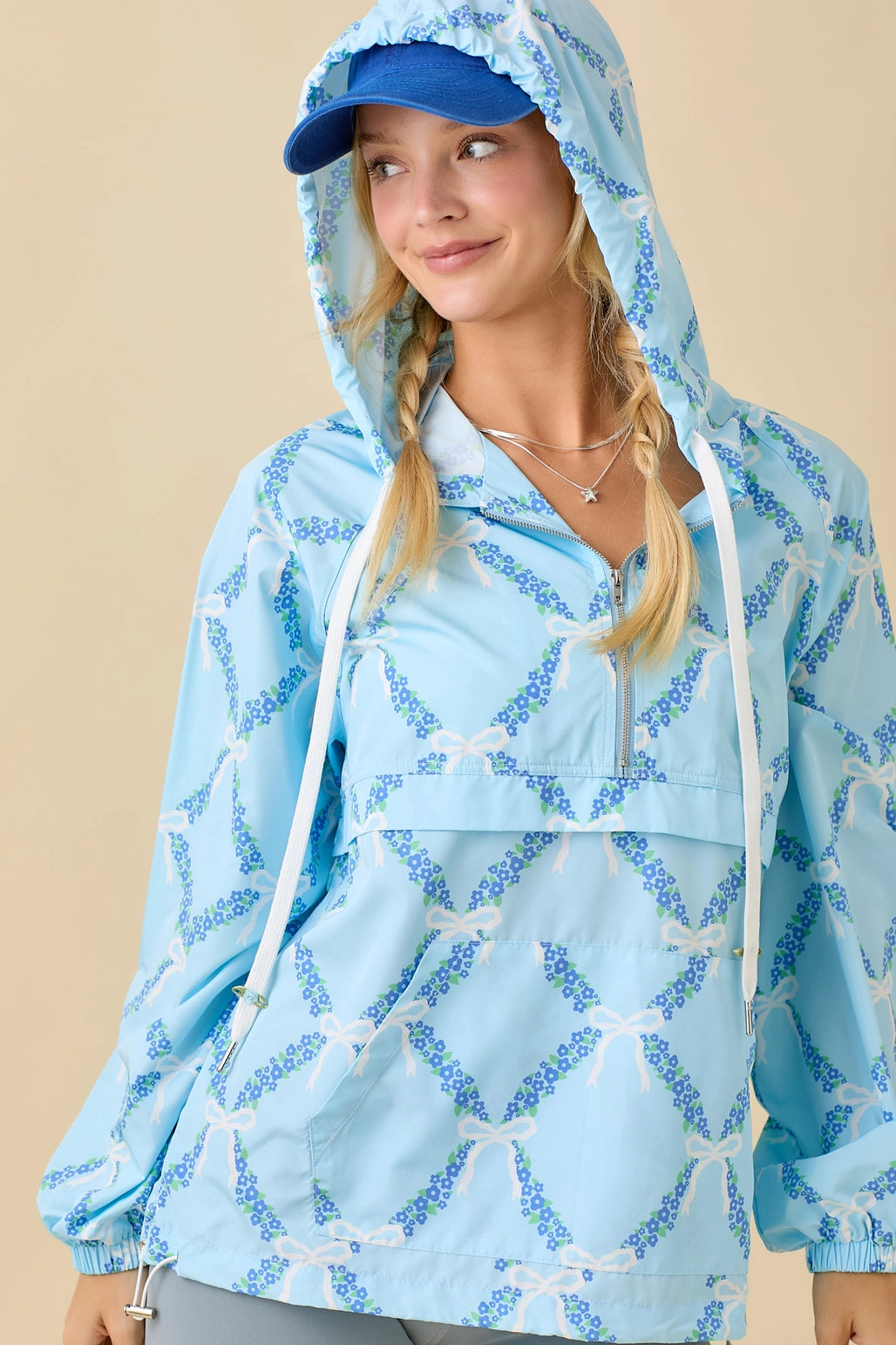 Blue Coquette Ribbon & Floral Print Windbreaker