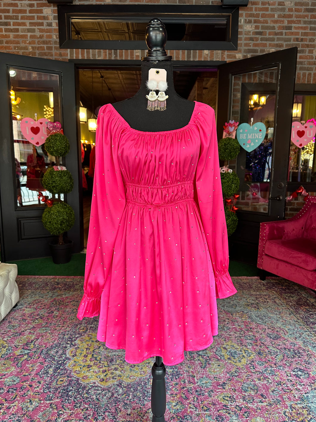 Pink Satin Rhinestone mini Dress