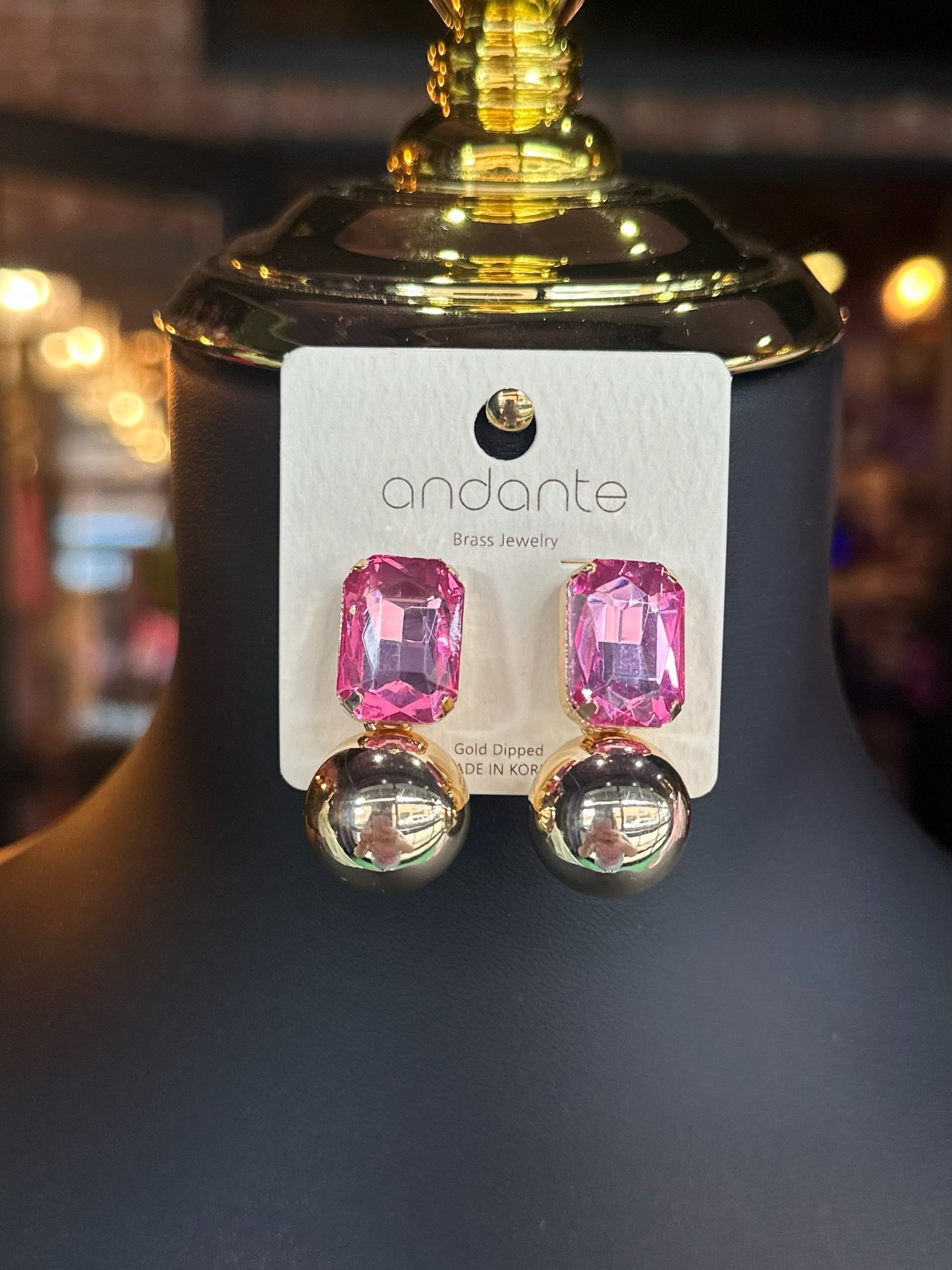 Rose Pink Jewel & Gold Ball Earrings
