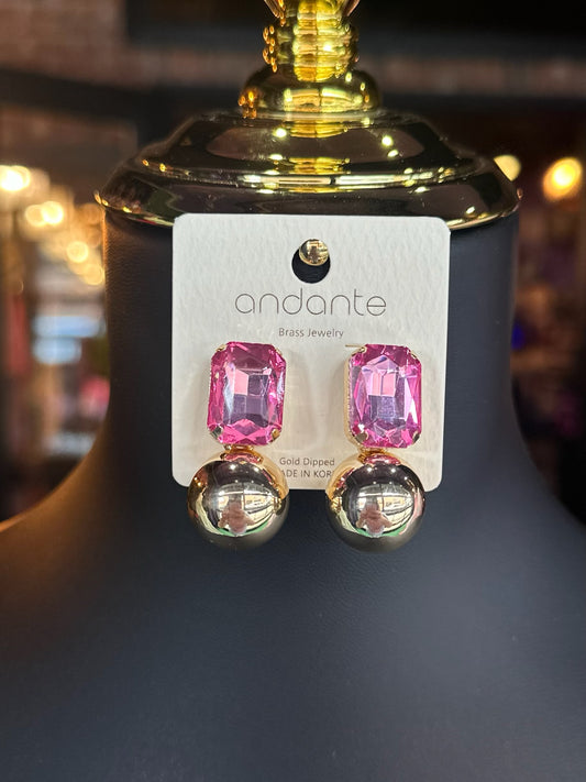 Rose Pink Jewel & Gold Ball Earrings