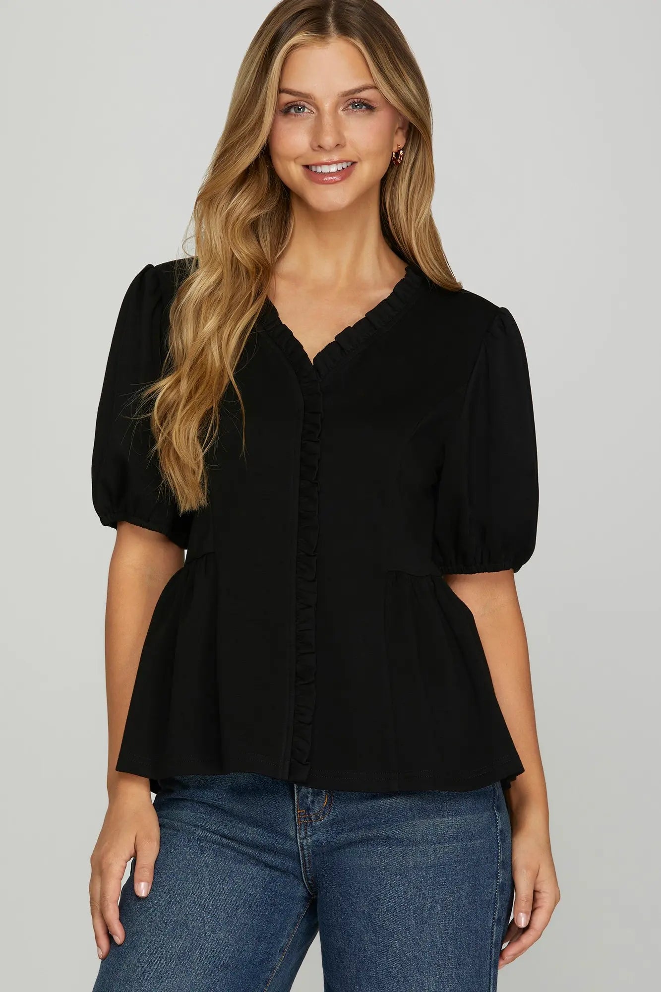Black Short Sleeve Ruffle Neck Top