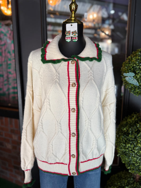 Ivory Ruffle Detail Collar Cable Knit Cardigan