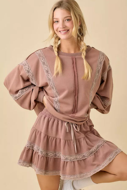 Brown Lace Trim Top & Skort Set