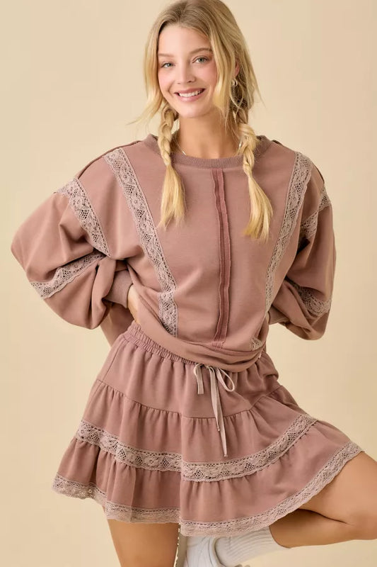 Brown Lace Trim Top & Skort Set