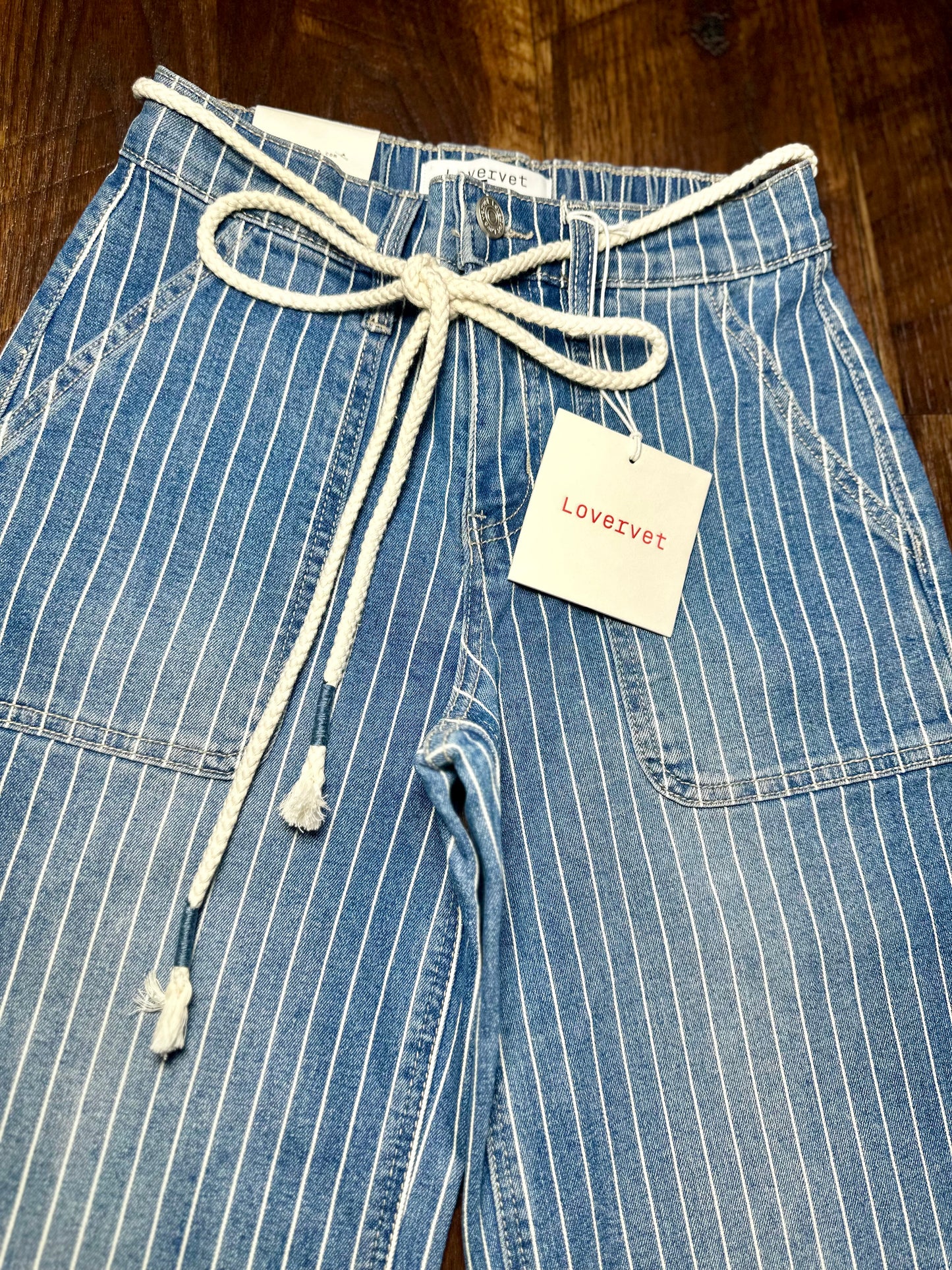 High Rise Striped Drawcord Wide Leg Jeans