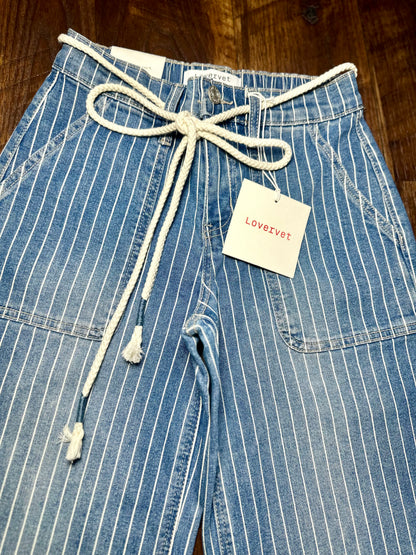 High Rise Striped Drawcord Wide Leg Jeans