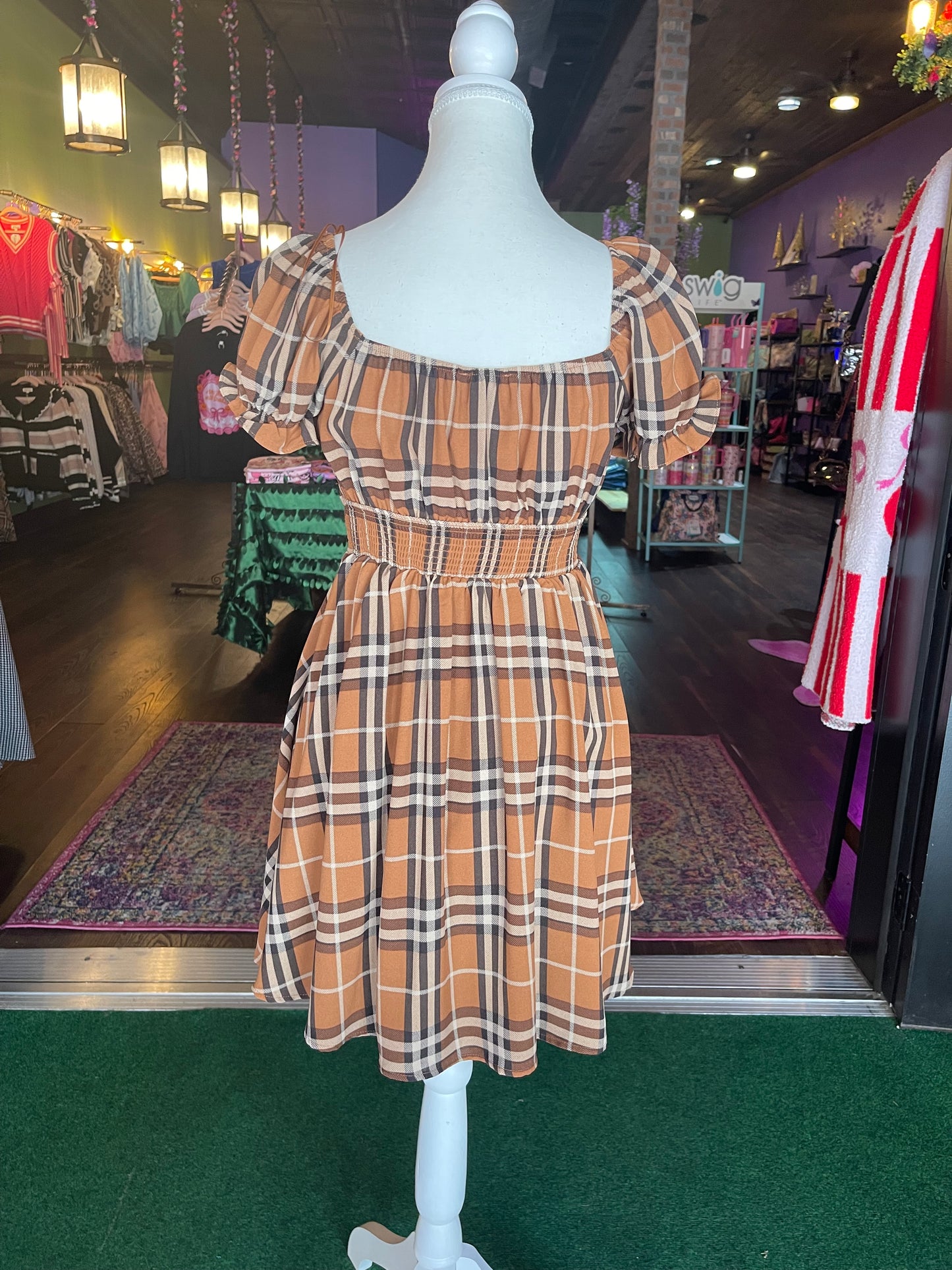 Brown Plaid Puff Sleeve Mini Dress