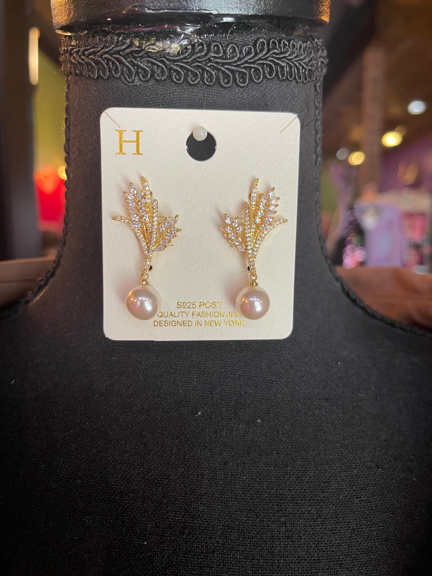 Gold Pave Branch & Pearl Earrings