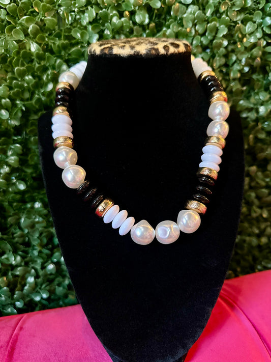 Black, White, & Gold Rondelle Beaded Pearl Necklace