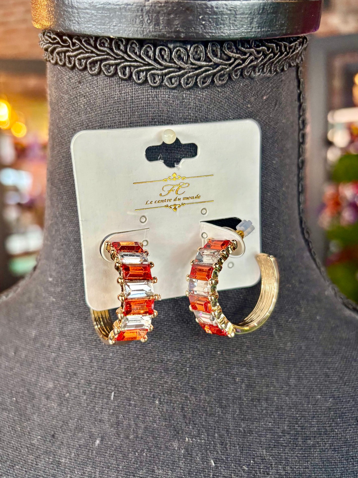 Orange & Clear Jeweled Hoops